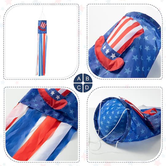 Glitzhome® 44" Patriotic Americana Uncle Sam Hat & Fireworks Windsocks Set